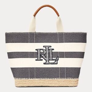 Ralph Lauren RLL Canvas Espadrille Stripe Tote Shoulder Bag Navy  & White